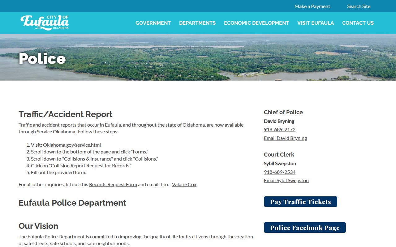 Official Eufaula Police webpage showing the city police records route
