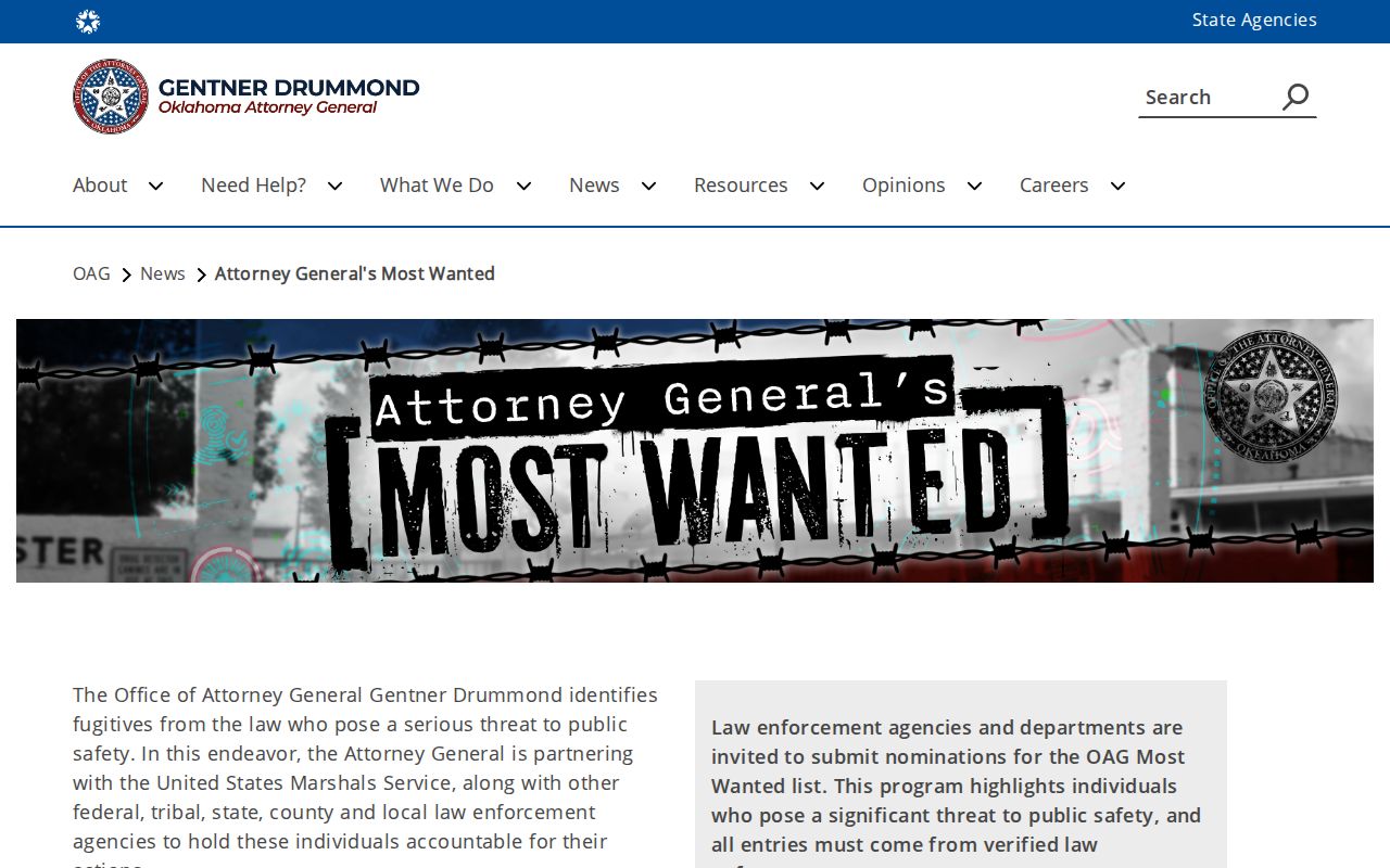 Oklahoma Attorney General statewide Most Wanted official source